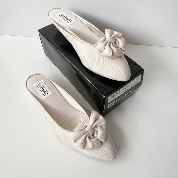 Vintage White Slip On Wedge Mules Natori Women's Slides Fabric Bow Clip Ons 8.5 - Picture 1 of 8